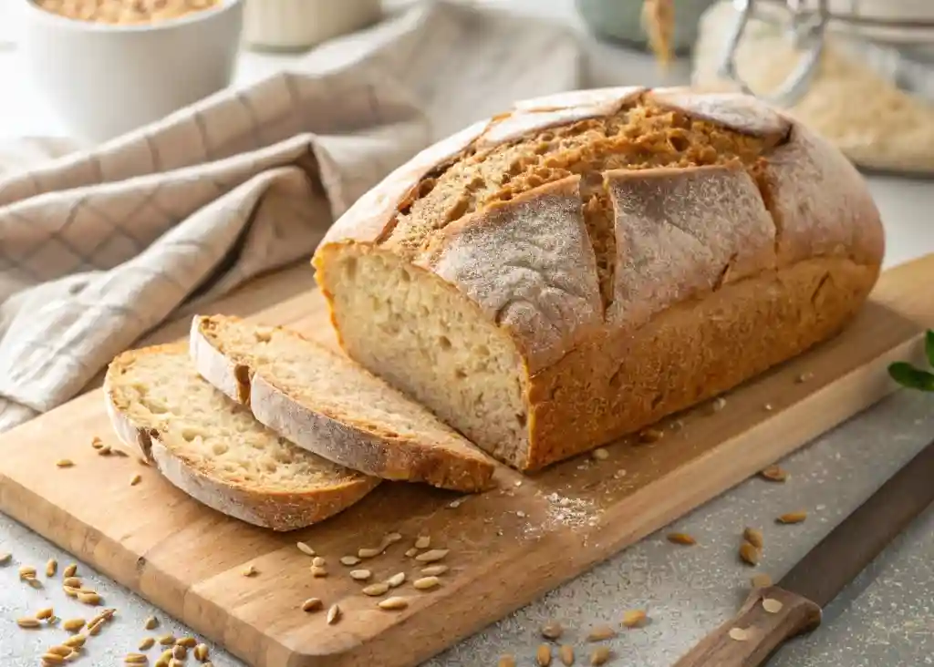 Dinkelmehl, Trockenhefe, Salz und ein Holzlöffel auf einem rustikalen Küchentisch, während der Teig für Dinkelbrot ohne Kneten vorbereitet wird