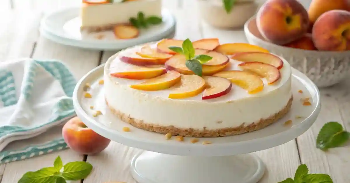 Ein cremiger No-Bake Pfirsich-Joghurt-Kuchen mit frischen Pfirsichscheiben und einem knusprigen Keksboden, serviert auf einem weißen Teller.