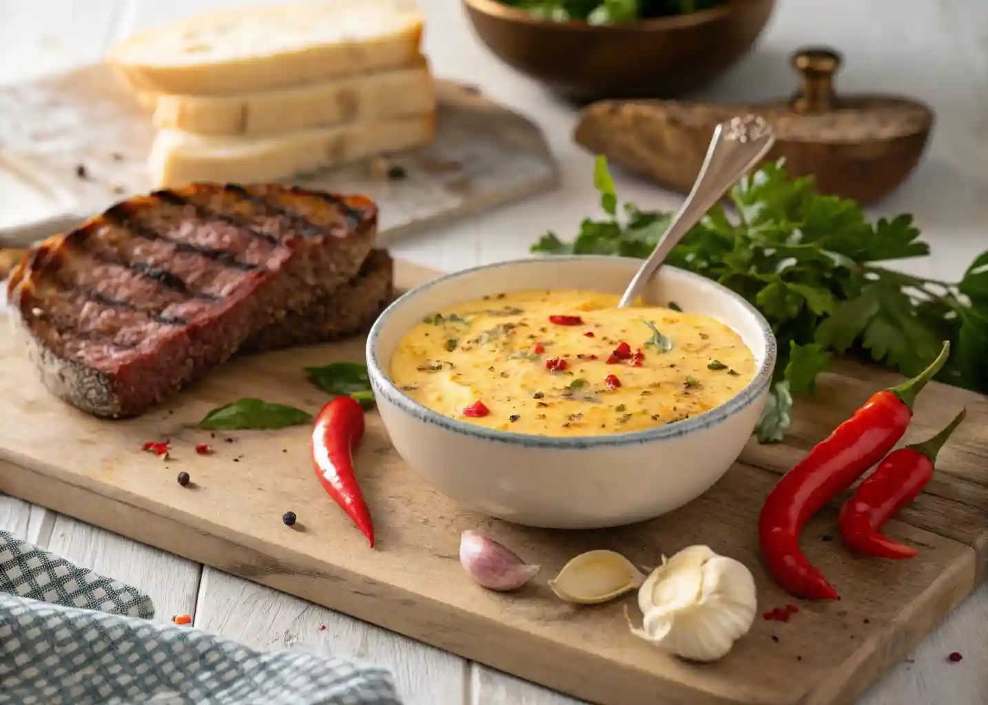 Close-up of hands mixing soft, creamy Spicy Cowboy Butter with garlic, fresh herbs, and chili flakes in a rustic kitchen setting