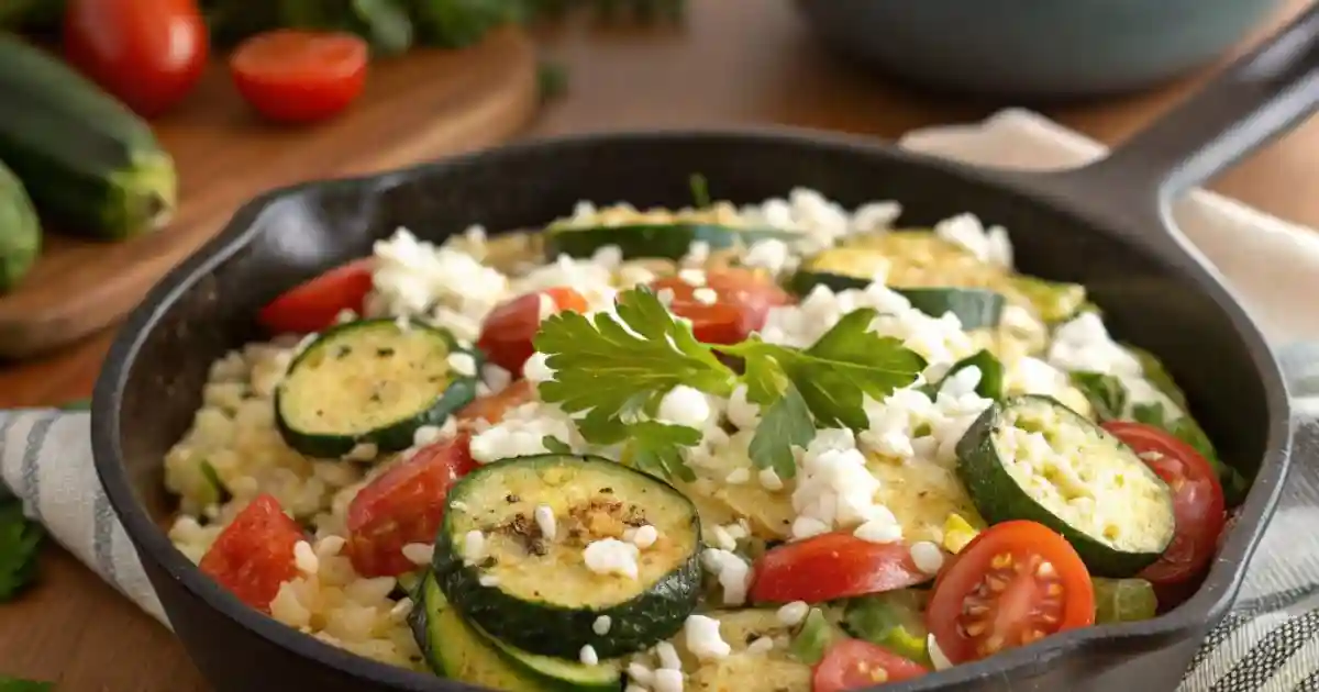 Zucchini-Reispfanne mit Feta – Ein gesundes und leckeres Gericht mit Zucchini, Reis, Feta-Käse und frischen Kräutern