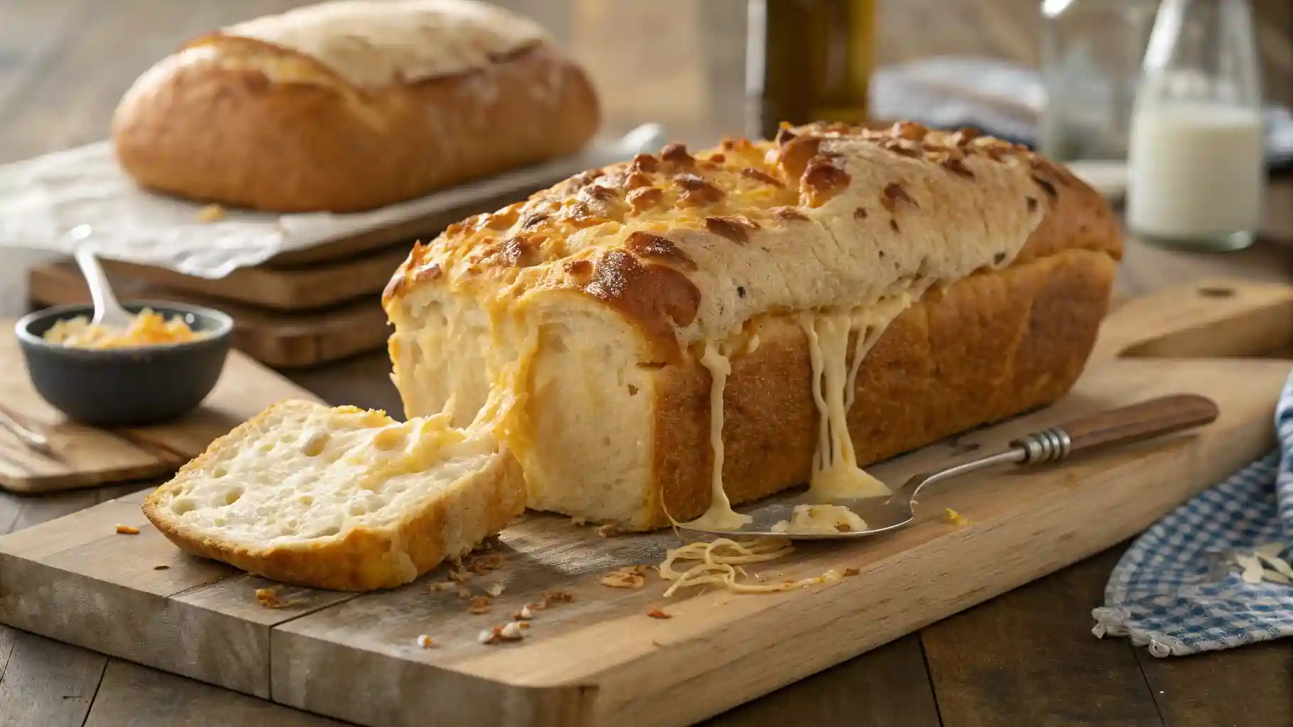 Freshly baked Cheese Garbage Bread Deluxe with golden crust and melted cheese stretching from a pulled slice, served on a rustic wooden board.