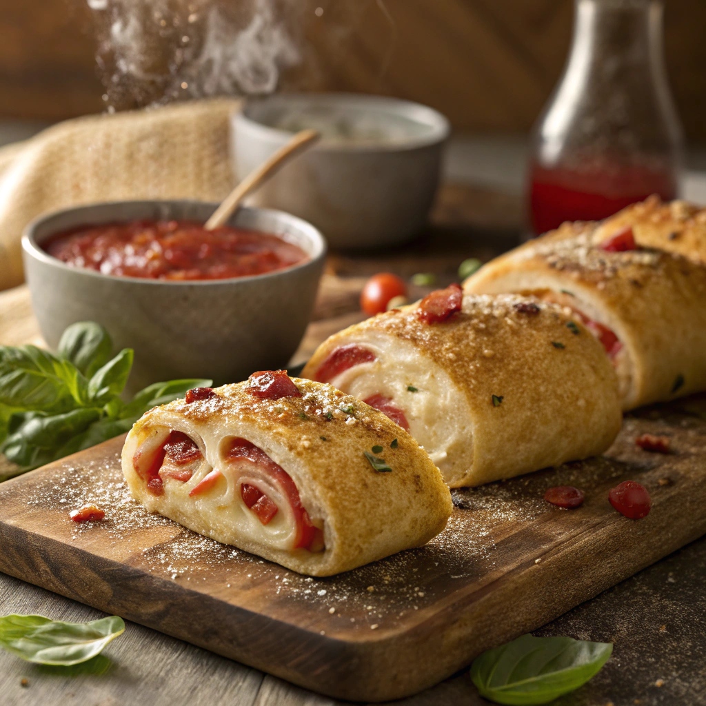 Knusprige Pizzarollen mit Salami und Mozzarella, goldbraun gebacken, auf einem rustikalen Holzbrett serviert