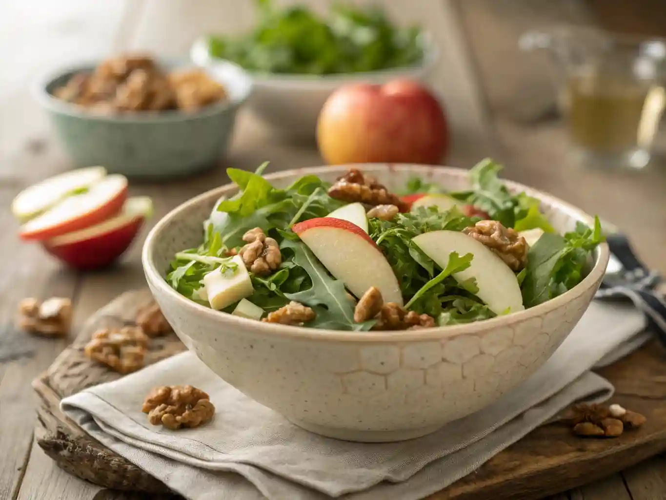 Fresh Apfel-Walnuss-Salat with vibrant apples, walnuts, and greens, beautifully arranged in a rustic kitchen setting.