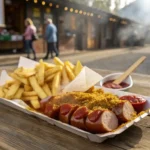 Currywurst mit würziger Sauce und knusprigen Pommes auf rustikalem Holztisch serviert