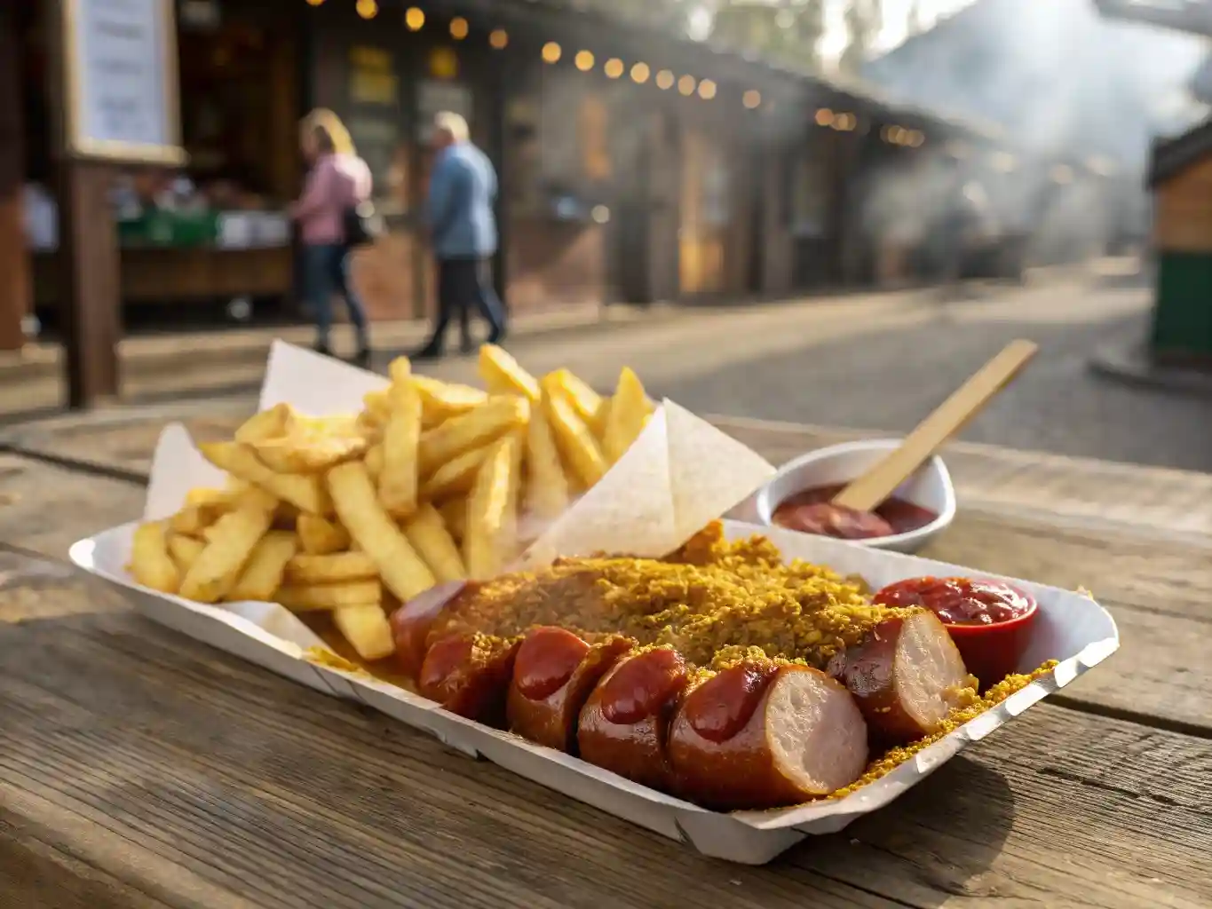 Currywurst mit würziger Sauce und knusprigen Pommes auf rustikalem Holztisch serviert