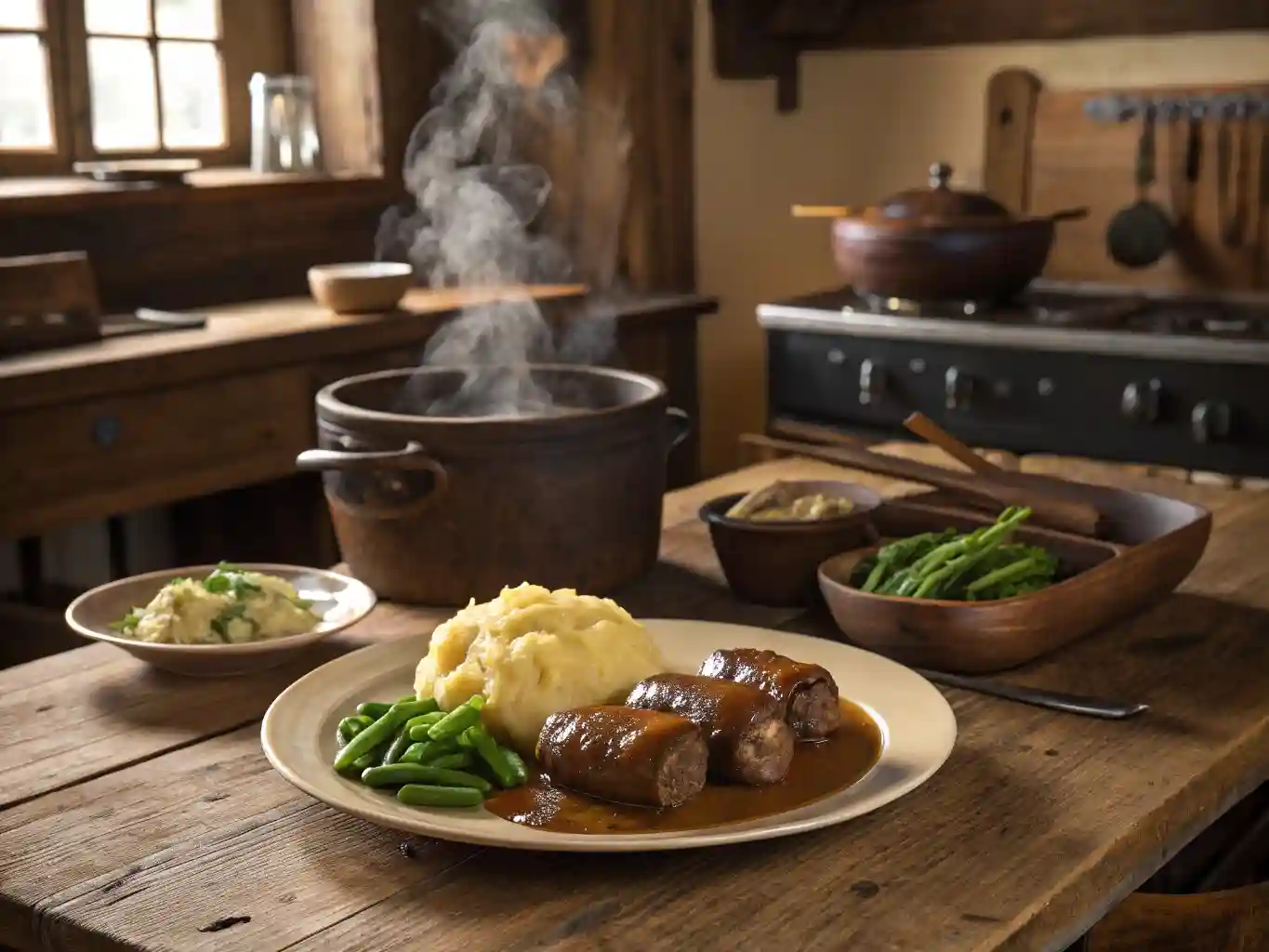 A traditional plate of Deutsche Rinderrouladen with rich gravy, mashed potatoes, and vegetables, set in a rustic German kitchen.