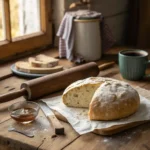 Freshly baked Joghurtbrot ohne Hefe with a soft, fluffy interior and golden-brown crust on a wooden table.