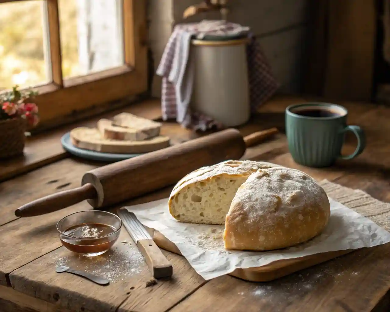 Freshly baked Joghurtbrot ohne Hefe with a soft, fluffy interior and golden-brown crust on a wooden table.