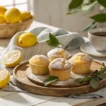 Lockere Zitronenmuffins auf einem rustikalen Holzteller, garniert mit Puderzucker und frischen Zitronenscheiben