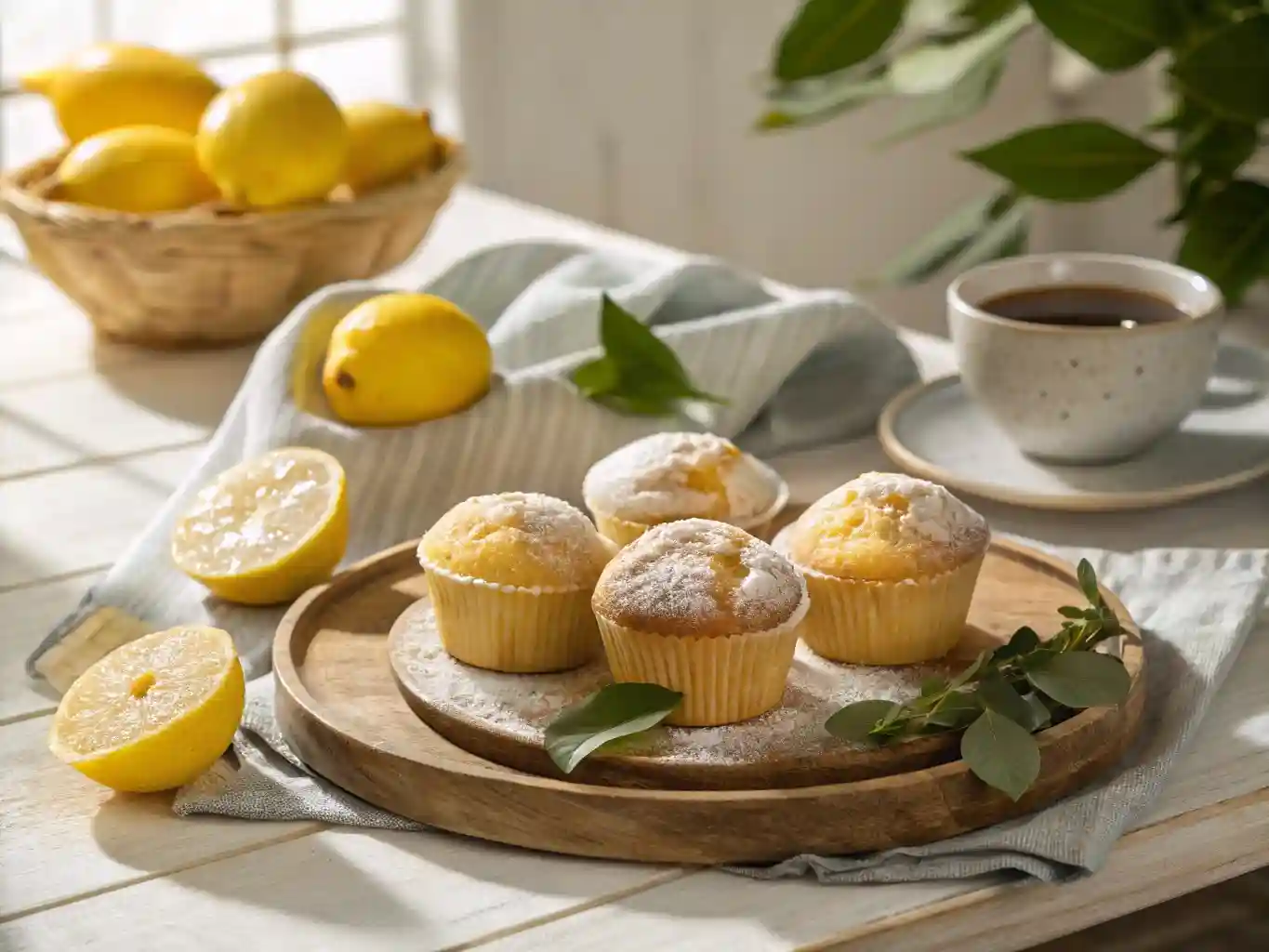 Lockere Zitronenmuffins auf einem rustikalen Holzteller, garniert mit Puderzucker und frischen Zitronenscheiben